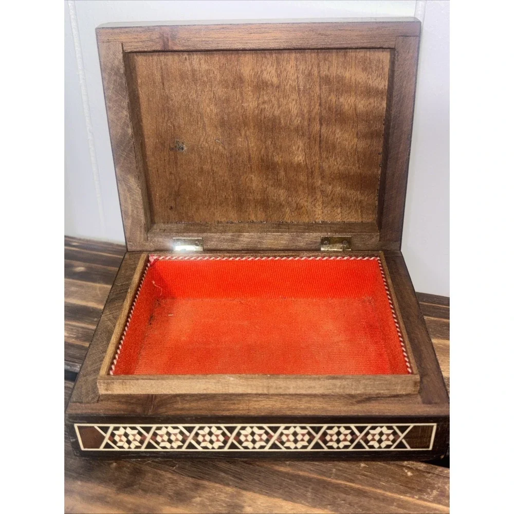 vintage handcrafted wooden trinket box mosaic inlay mother-of-pearl accents